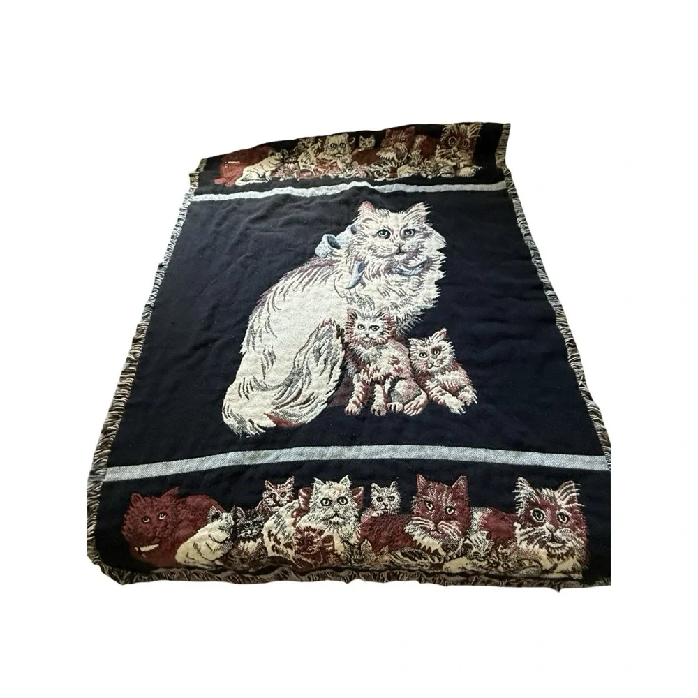 Vintage 90s Tapestry Throw Blanket Playful Cats Persian Cat w/ Fringe 1992